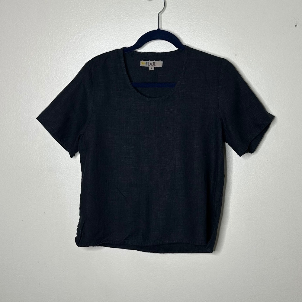FLAX Short Sleeve Top Black 100% Linen Scoop Neck Petite P (4-6)